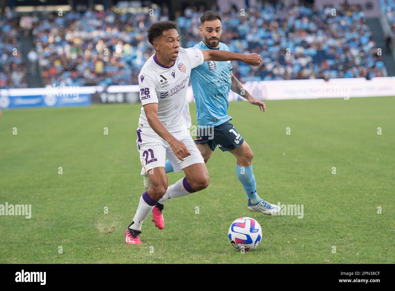 Sydney, Australia. 16th Apr, 2023. Antonee Alan Burke-Gilroy (L) of Perth Glory team and Anthony Richard Caceres (R) of Sydney Football Club team in action during the 2022-23 Liberty A-League Men's soccer semi-final match between Sydney FC and Western United held at the Allianz Stadium. final score; Sydney football club 3:1 Perth glory Credit: SOPA Images Limited/Alamy Live News Stock Photo