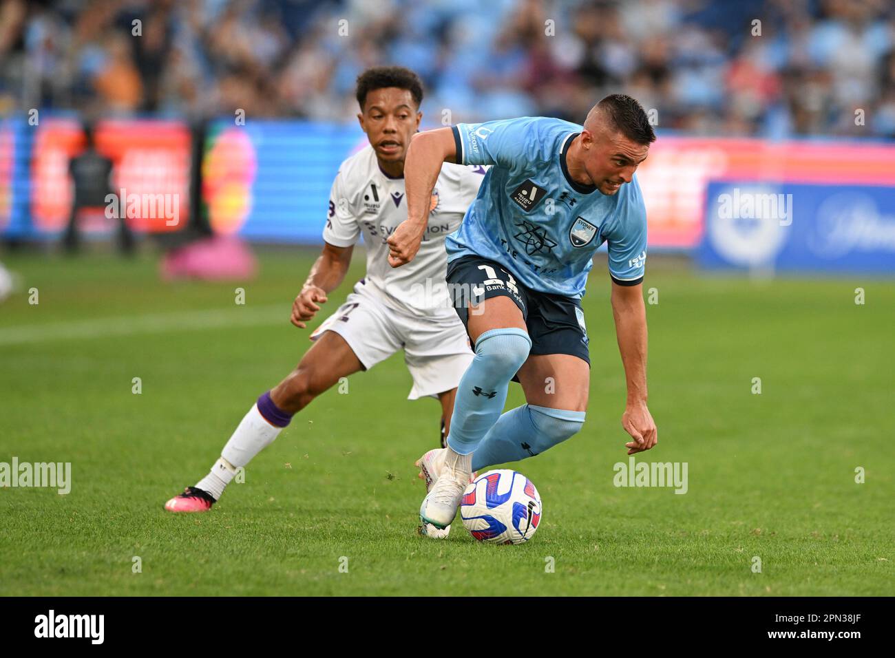 Sydney, Australia. 16th Apr, 2023. Robert Mak (R) of Sydney Football Club team and Antonee Alan Burke-Gilroy (L) of Perth Glory team in action during the 2022-23 Liberty A-League Men's soccer semi-final match between Sydney FC and Western United held at the Allianz Stadium. final score; Sydney football club 3:1 Perth glory Credit: SOPA Images Limited/Alamy Live News Stock Photo