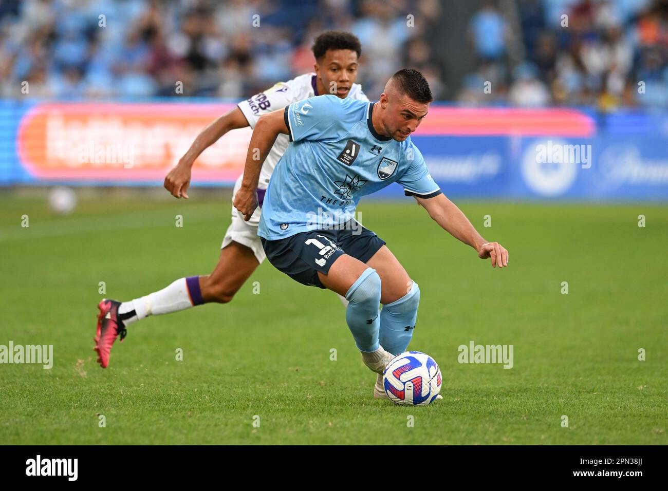 Sydney, Australia. 16th Apr, 2023. Robert Mak (R) of Sydney Football Club team and Antonee Alan Burke-Gilroy (L) of Perth Glory team in action during the 2022-23 Liberty A-League Men's soccer semi-final match between Sydney FC and Western United held at the Allianz Stadium. final score; Sydney football club 3:1 Perth glory Credit: SOPA Images Limited/Alamy Live News Stock Photo