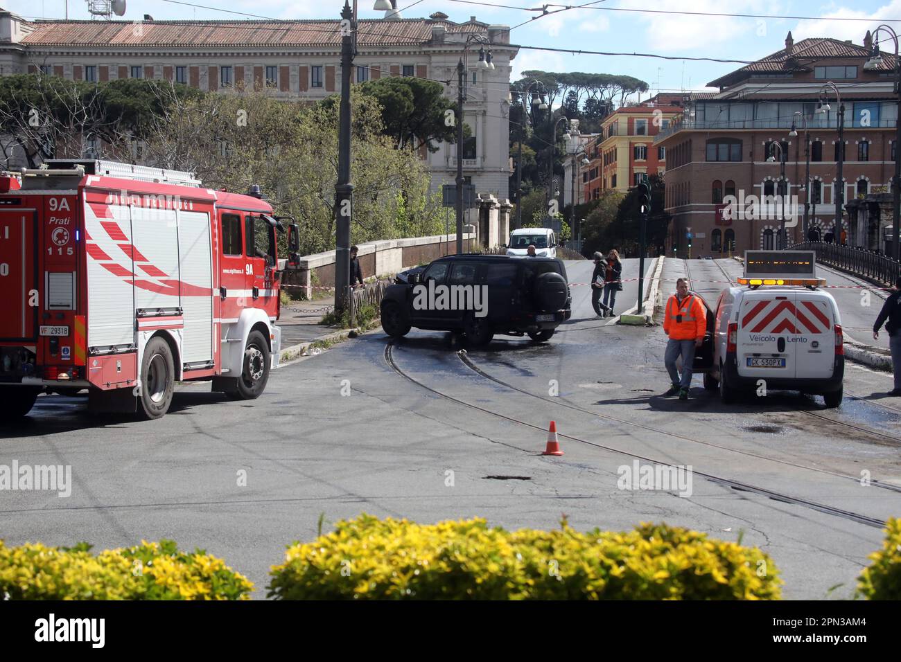Rome, Italy. 16th Apr, 2023. Rome, Italy 16.04.2023: Car accident against a tram for the Lazio player Ciro Immobile together with one of his daughters in Rome on Sunday morning, no one was injured but the car was completely destroyed Credit: Independent Photo Agency/Alamy Live News Stock Photo