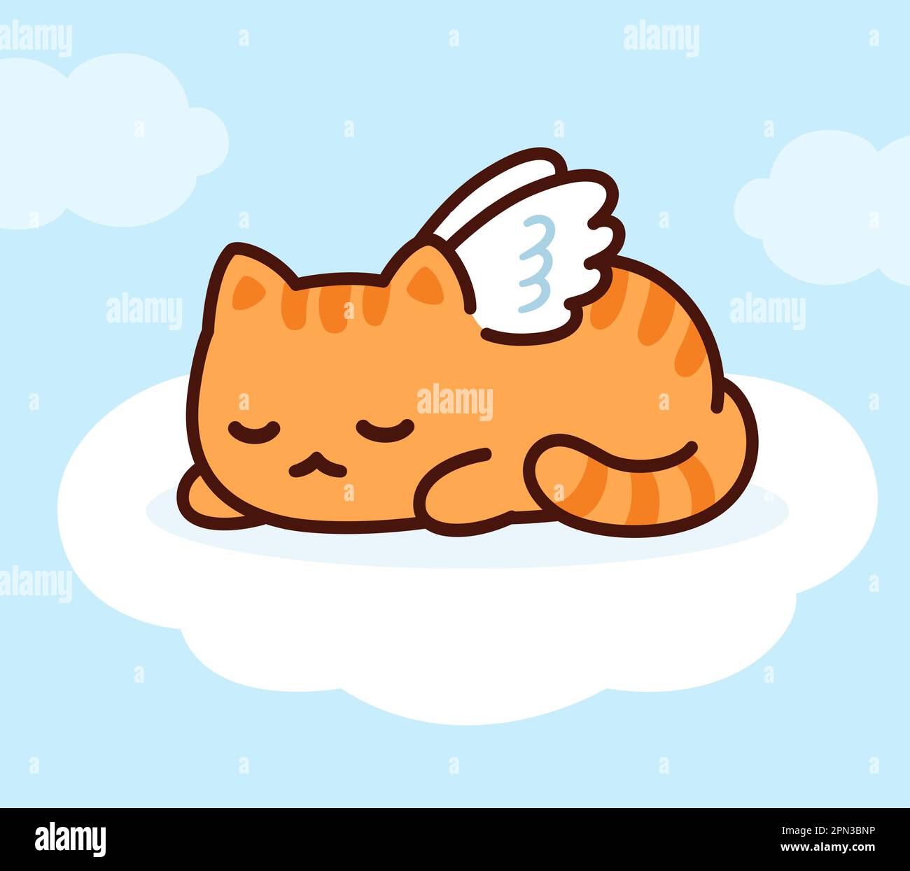 Cute angel cat with wings sleeping on cloud in heaven. Pet death loss greeting card. Ginger kitten drawing, vector illustration. Stock Vector