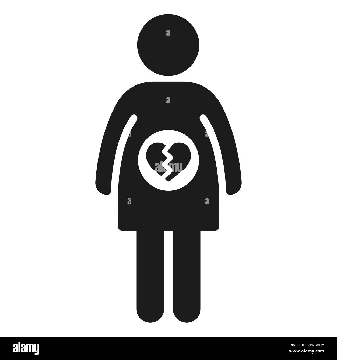 Miscarriage, loss of a pregnancy icon. Woman stick figure with symbol of broken heart in her belly. Vector pictogram. Stock Vector