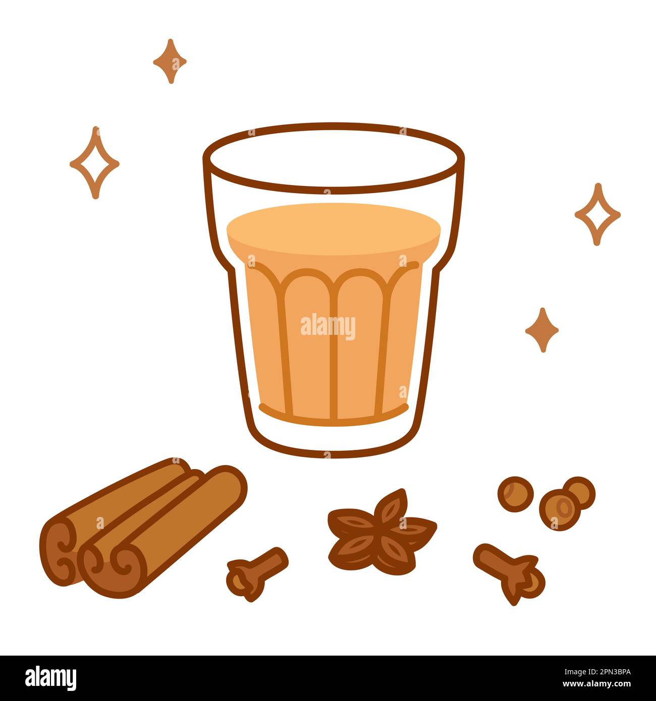 Masala chai tea doodle drawing. Hand drawn cartoon glass of Indian tea with aromatic spices: cinnamon, cloves, anise and pepper. Vector illustration. Stock Vector