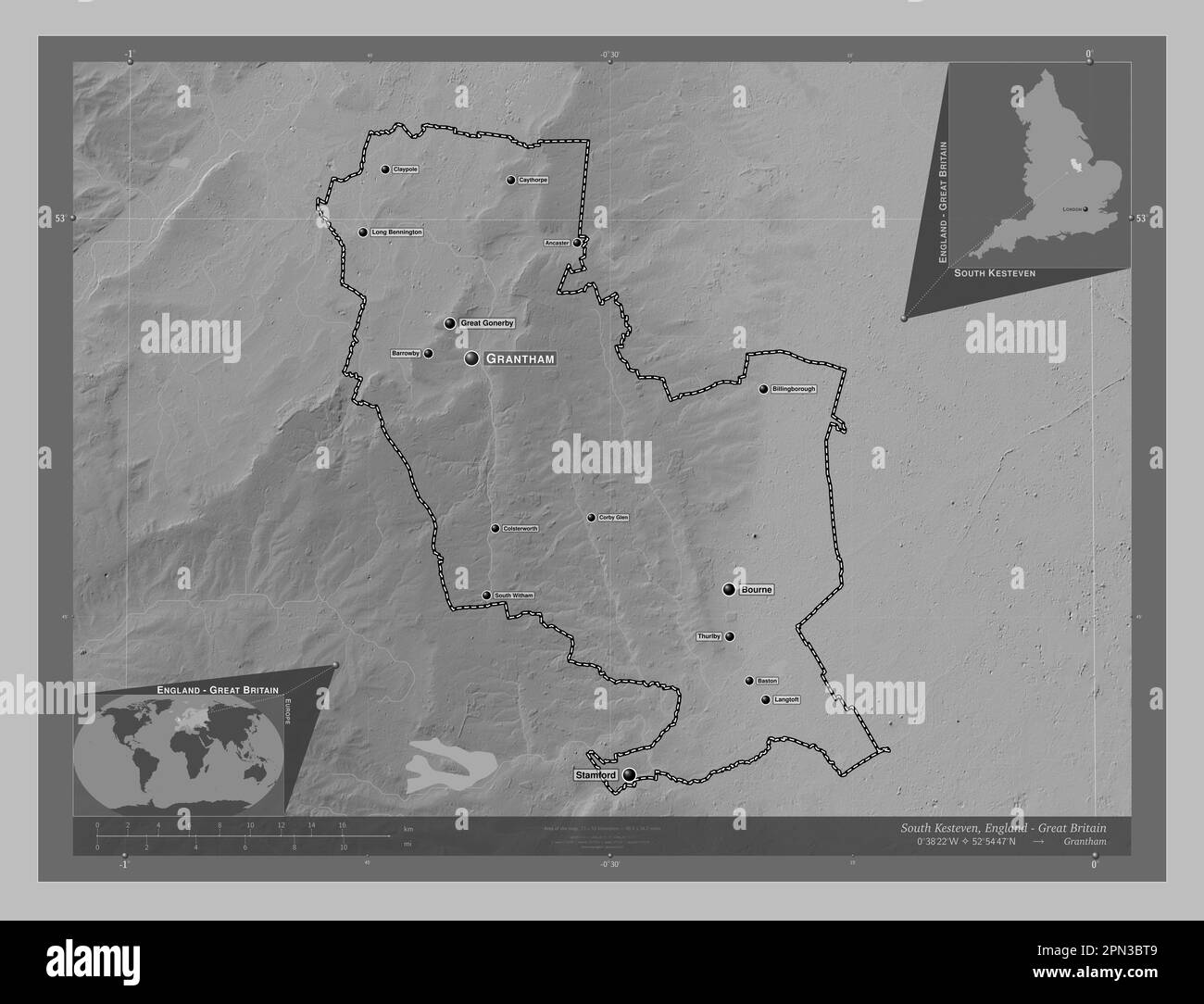 South Kesteven, non metropolitan district of England - Great Britain. Grayscale elevation map with lakes and rivers. Locations and names of major citi Stock Photo