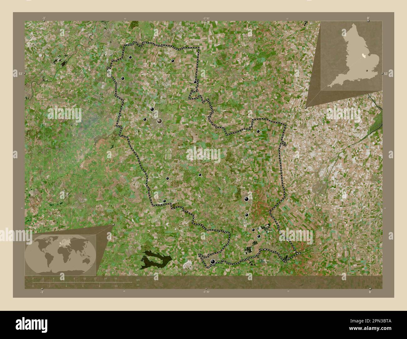 South Kesteven, non metropolitan district of England - Great Britain. High resolution satellite map. Locations of major cities of the region. Corner a Stock Photo