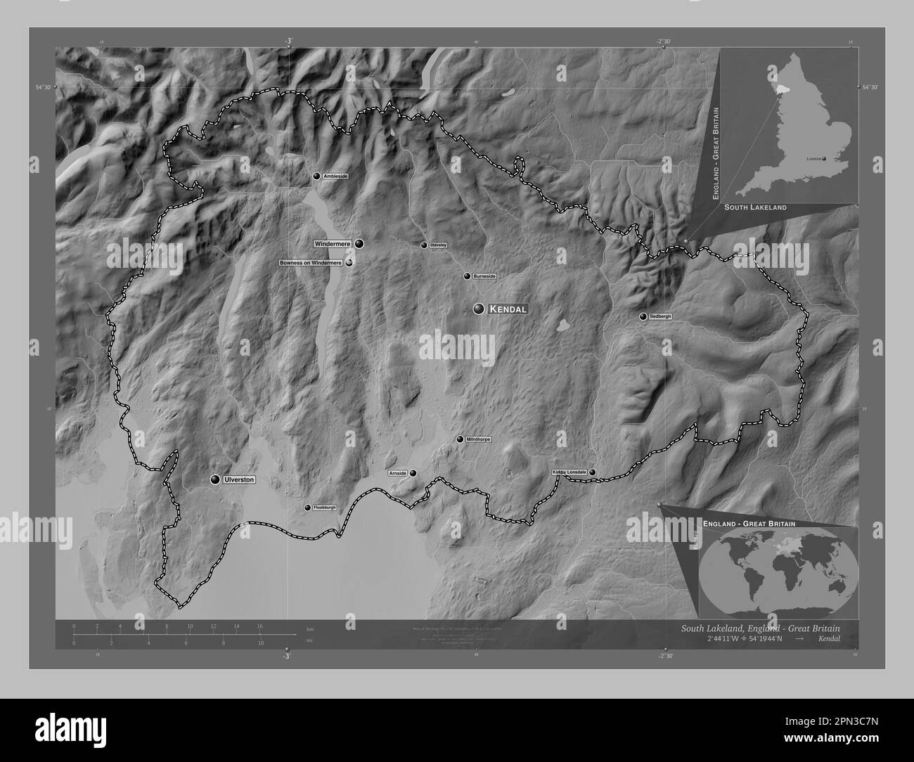 South Lakeland, non metropolitan district of England - Great Britain. Grayscale elevation map with lakes and rivers. Locations and names of major citi Stock Photo
