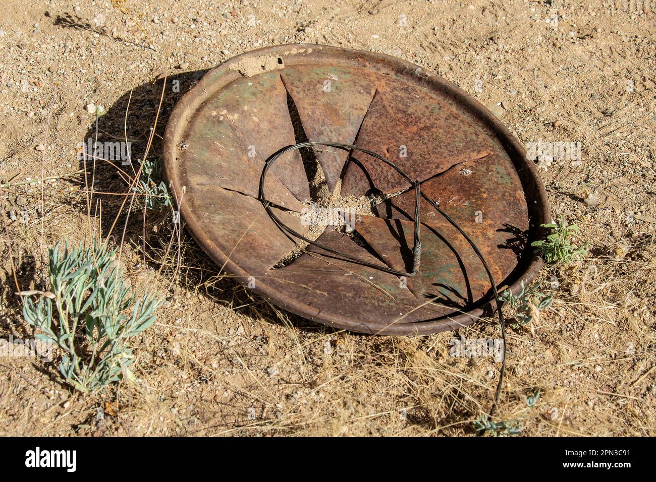 A star plate trap and wire that had been used for poaching. Stock Photo
