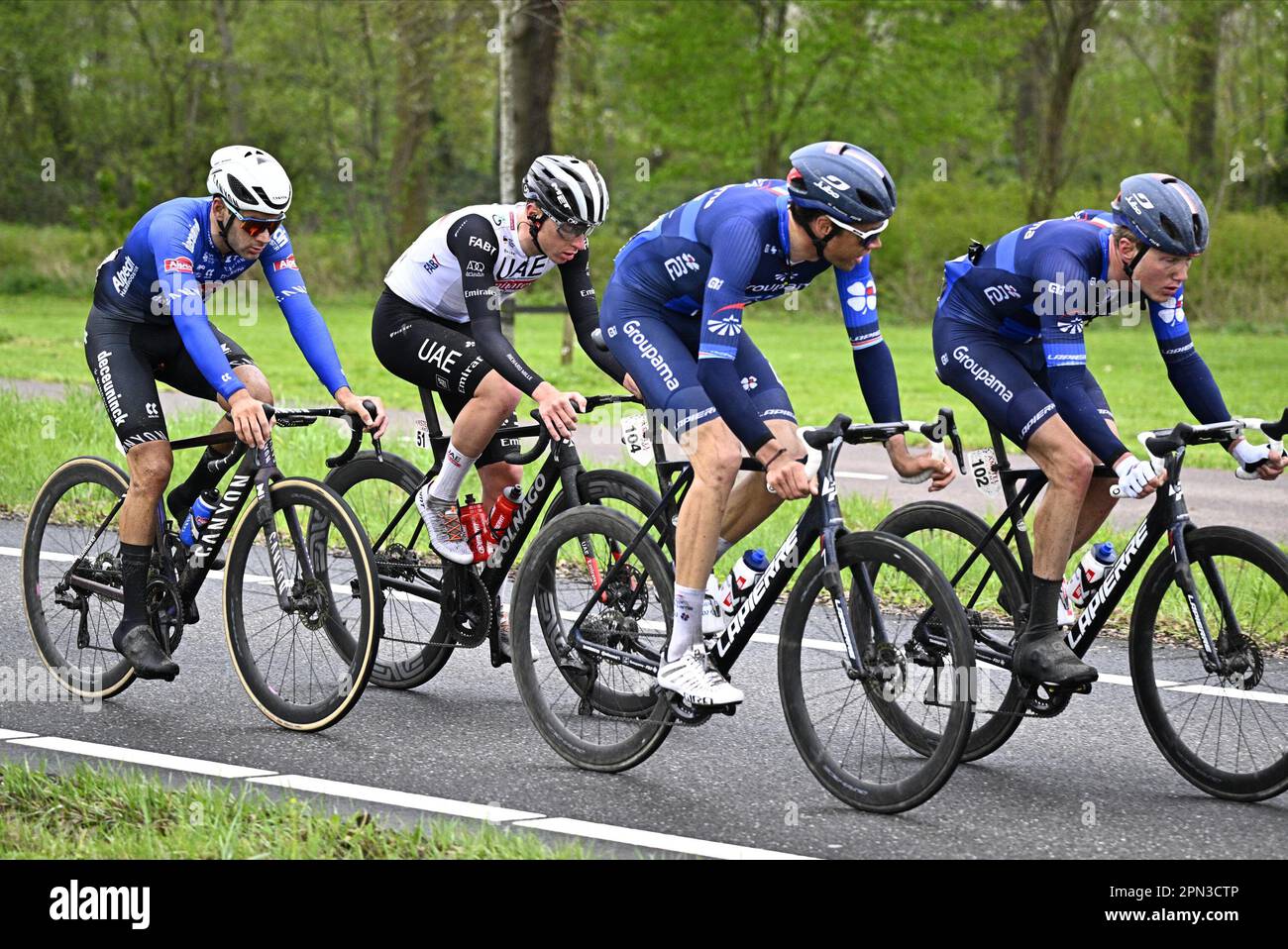 Valkenburg, Netherlands. 16th Apr, 2023. Belgian Gianni Vermeersch of Alpecin-Deceuninck, Slovenian Tadej Pogacar of UAE Team Emirates, Luxembourgian Kevin Geniets of Groupama-FDJ and Dutch Lars van den Berg of Groupama-FDJ pictured in action during the men elite 'Amstel Gold Race' one day cycling race, 253, 6 km from Maastricht to Valkenburg, The Netherlands, Sunday 16 April 2023. BELGA PHOTO JASPER JACOBS Credit: Belga News Agency/Alamy Live News Stock Photo