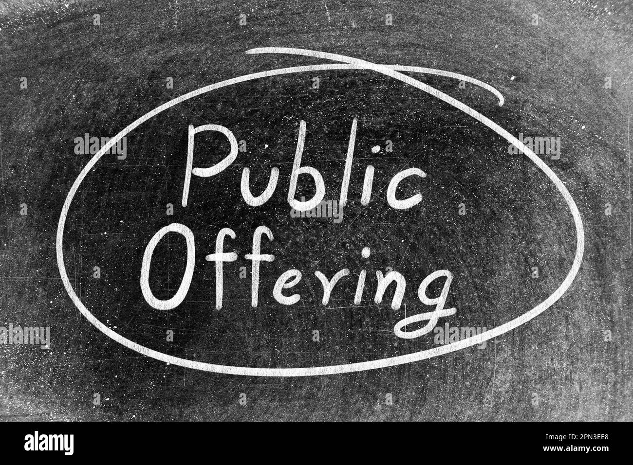 White chalk hand writing in word public offering and circle shape on blackboard background Stock Photo