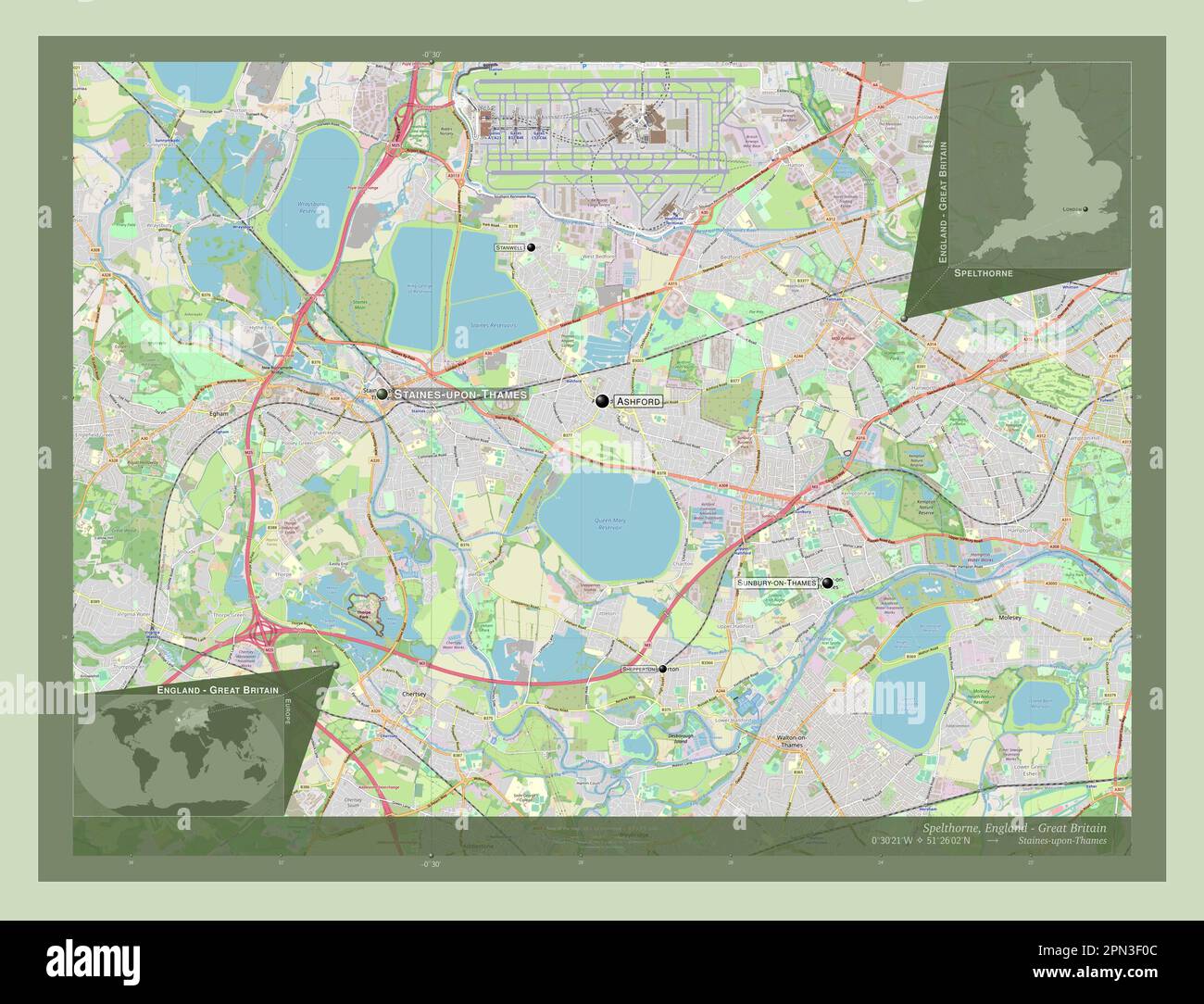 Spelthorne, non metropolitan district of England - Great Britain. Open Street Map. Locations and names of major cities of the region. Corner auxiliary Stock Photo