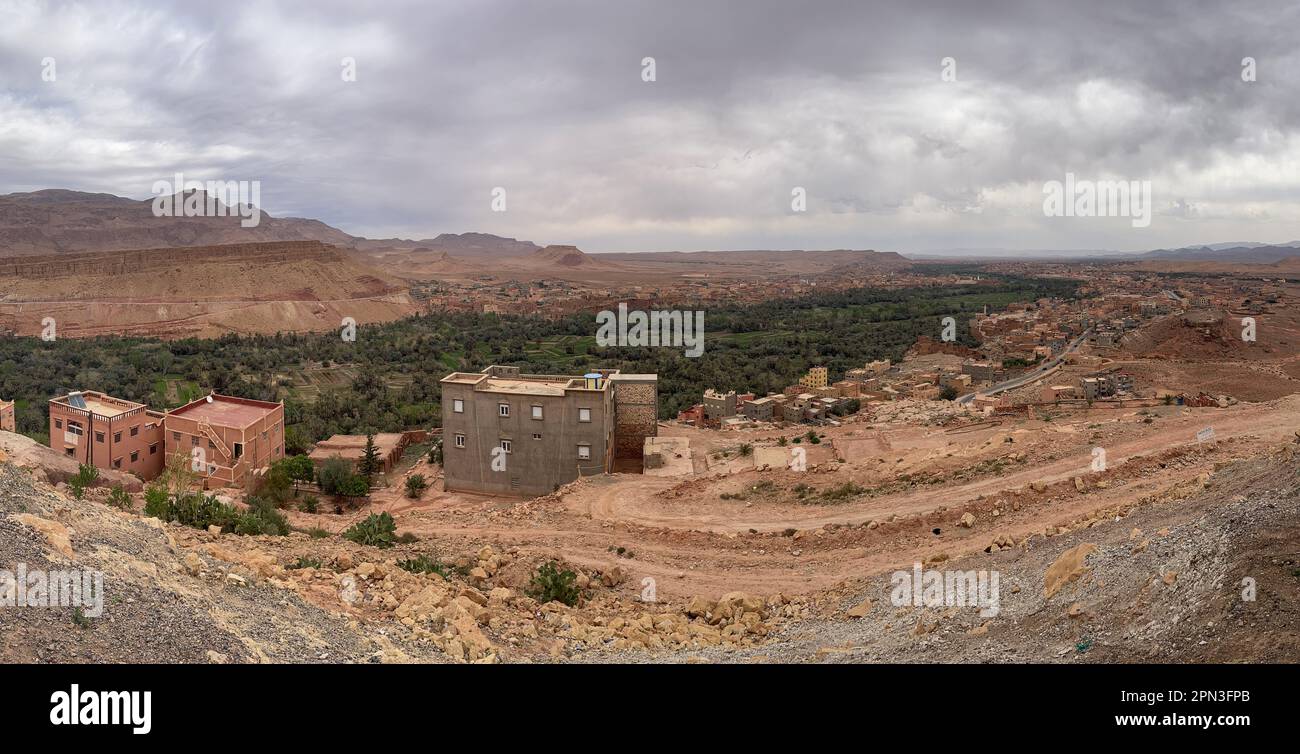 Morocco: one of the stunning clay villages in the green Dades valley near Boumalne Dades and Dades Gorge, carved by Dades River Stock Photo