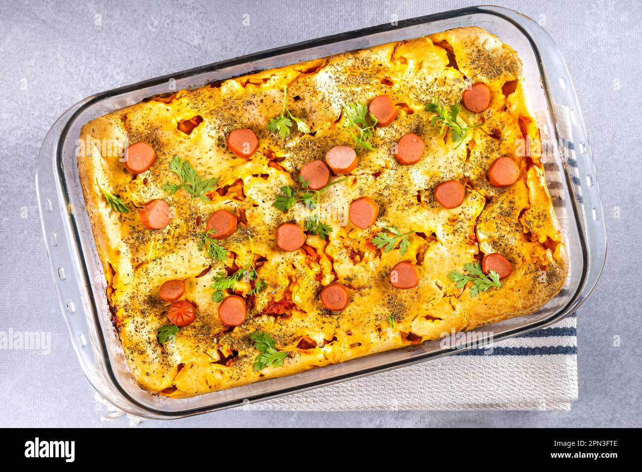 Sausage pie in a blender, typical Brazilian dish. Ingredients milk