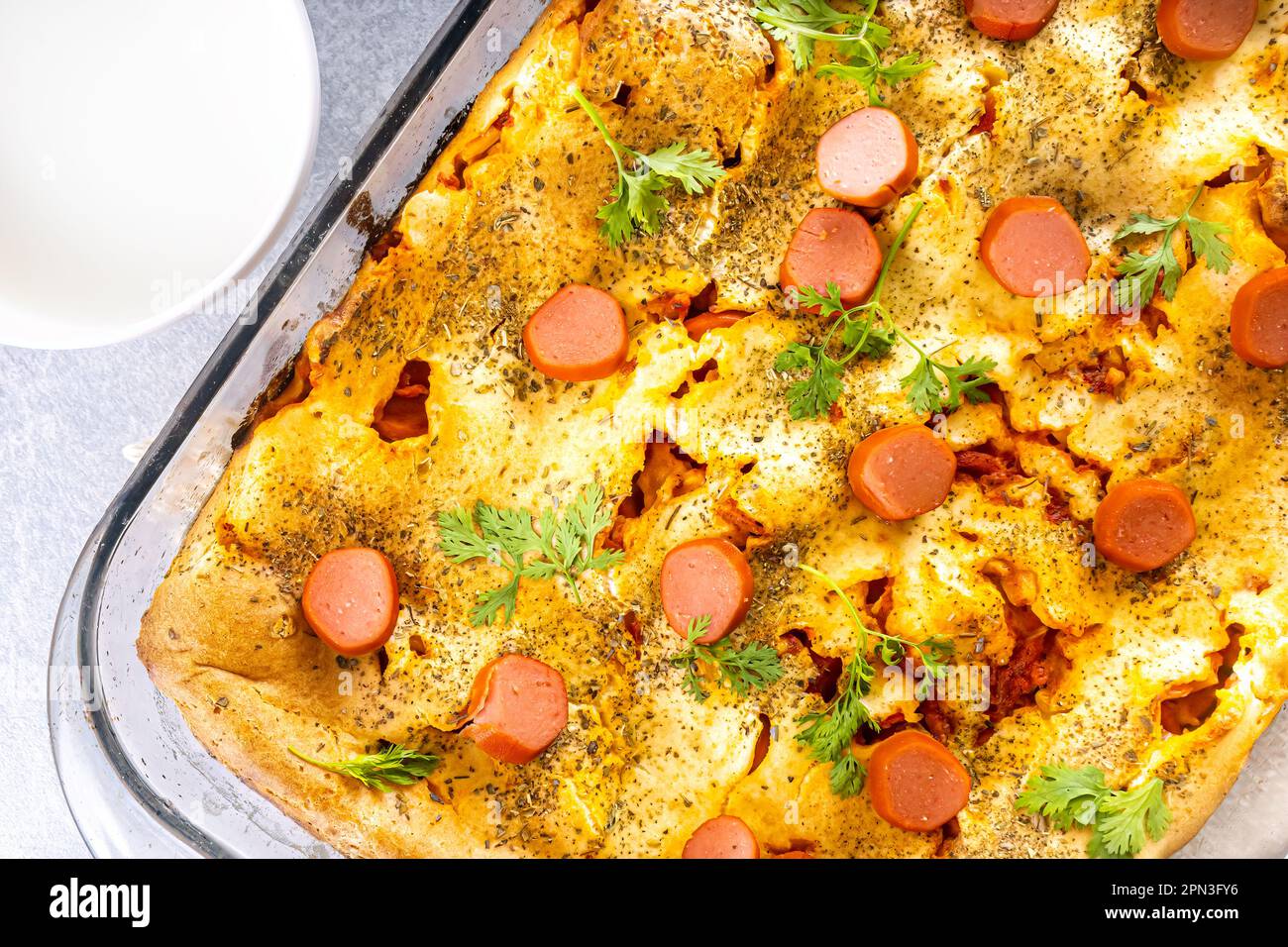 Sausage pie in a blender, typical Brazilian dish. Ingredients milk