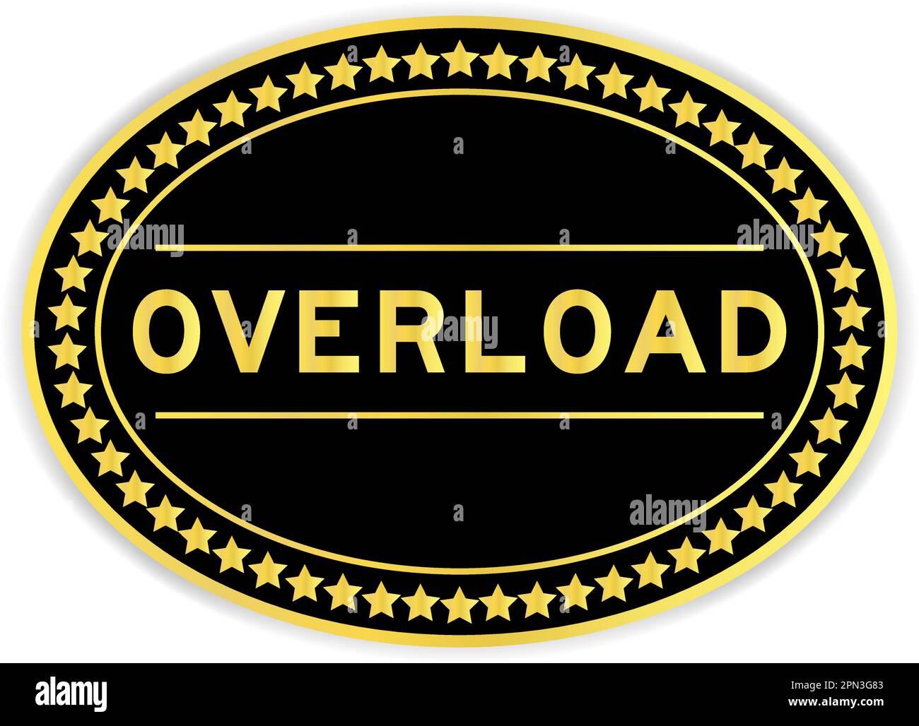 Black and gold color oval label sticker with word overload on white ...