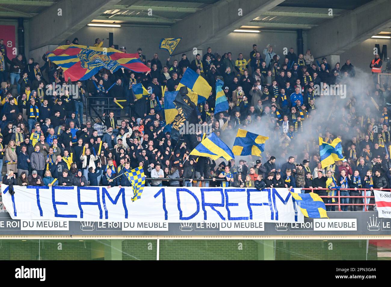 Brussels, Belgium. 16th Apr, 2023. Beveren's supporters pictured during a  soccer match between RWDM and SK Beveren, Sunday 16 April 2023 in Brussels,  on day 7 (out of 10) of the Promotion