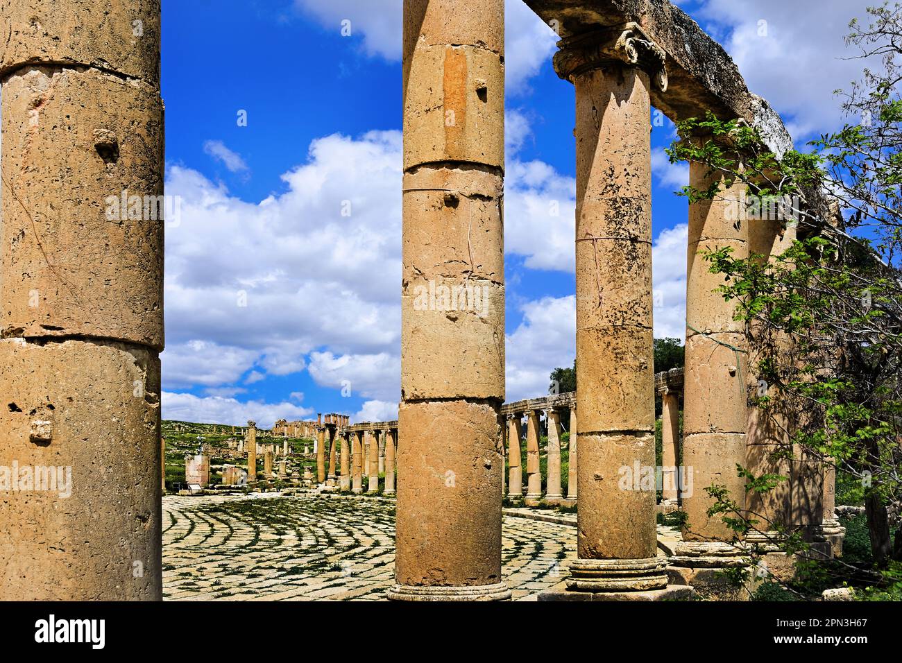 Oval Plaza at the Roman ruins, Jerash, Jordan, ancient city, boasts an unbroken chain of human occupation dating back 6,500 years, Stock Photo