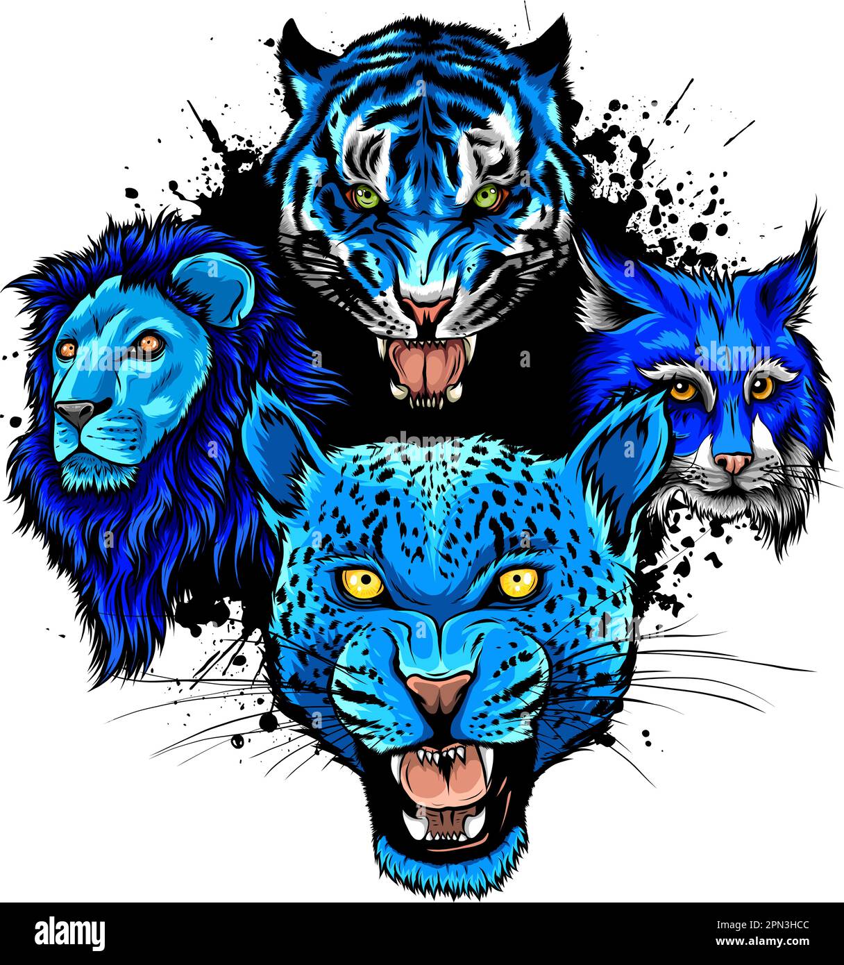 Wild Animals Heads Set. Lion, Tiger, Jaguar, Lynx - Vector Mascot Logo
