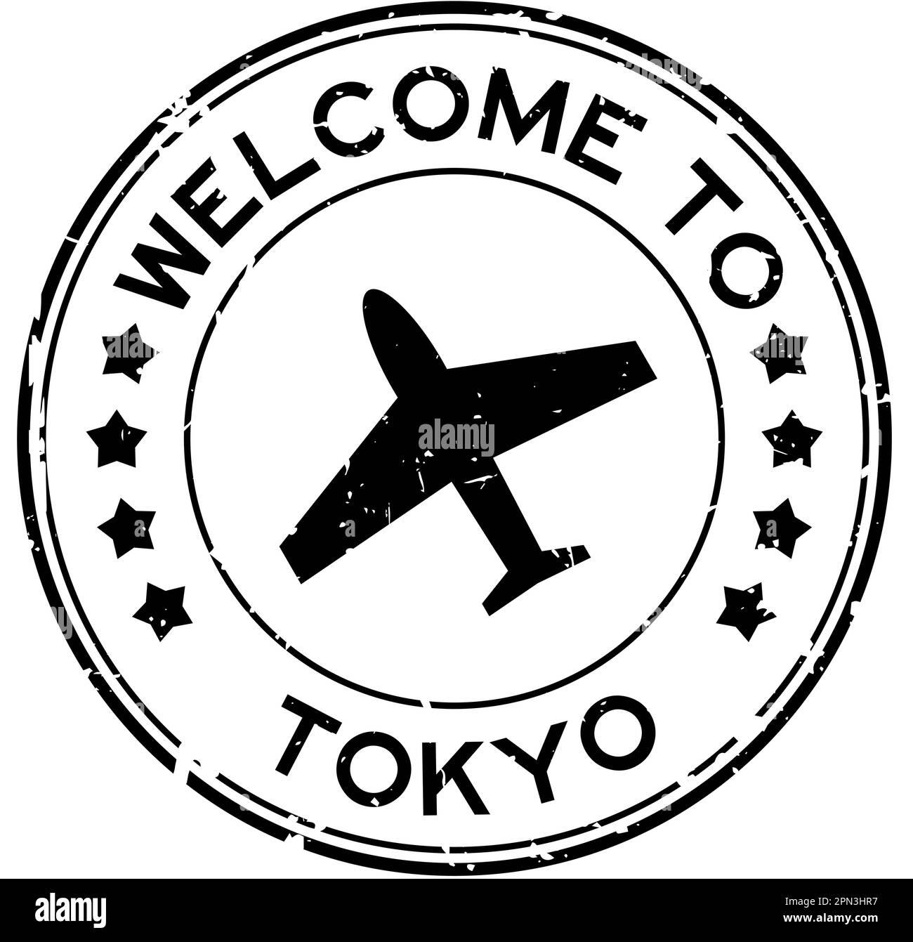 Grunge black welcome to tokyo word with plane icon round rubber seal stamp on white background Stock Vector