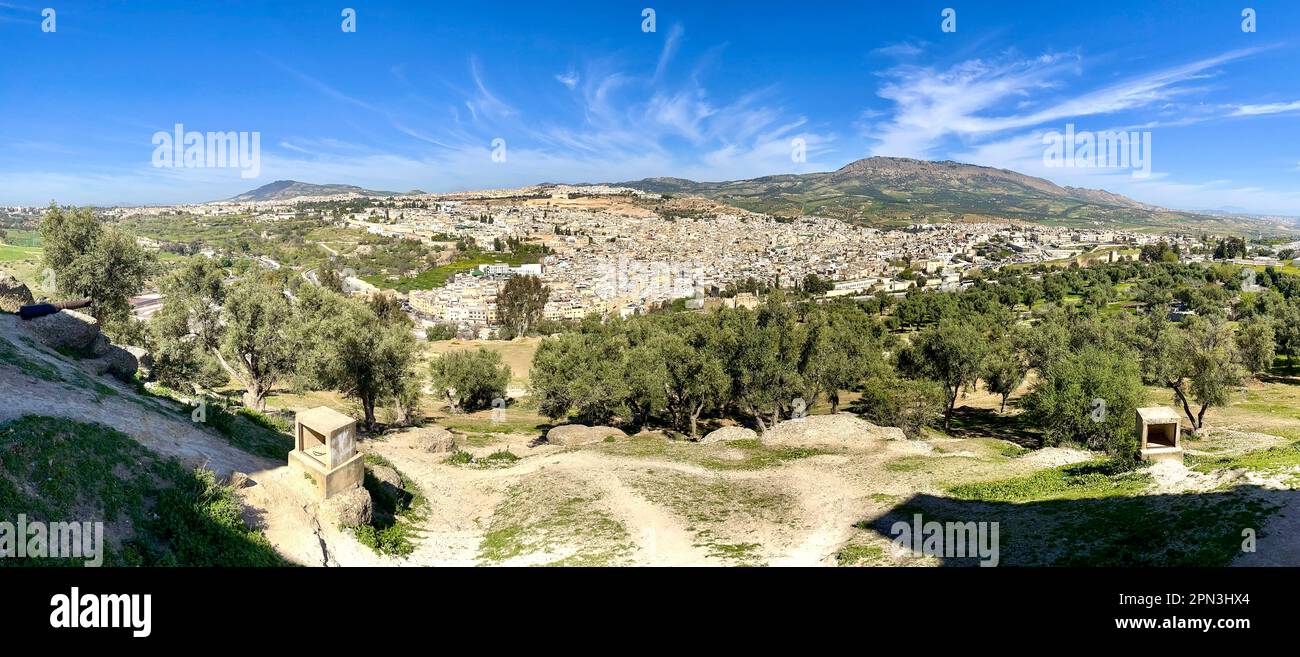 Fes, Morocco: skyline of the city with the old medina and the Ville Nouvelle surrounded by the hills seen from Borj Sud (Burj al-Janub) fortification Stock Photo