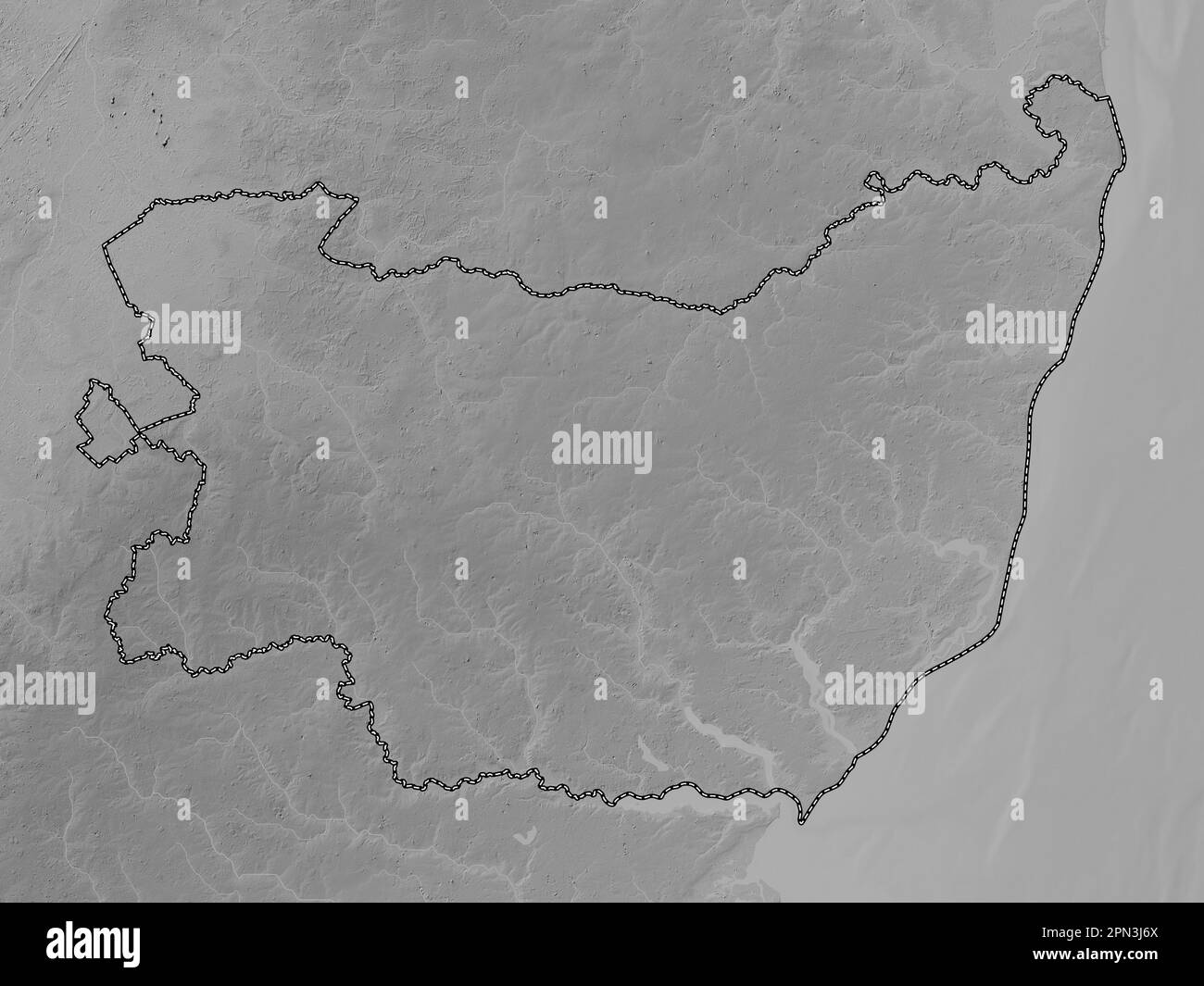 Suffolk, administrative county of England - Great Britain. Grayscale elevation map with lakes and rivers Stock Photo