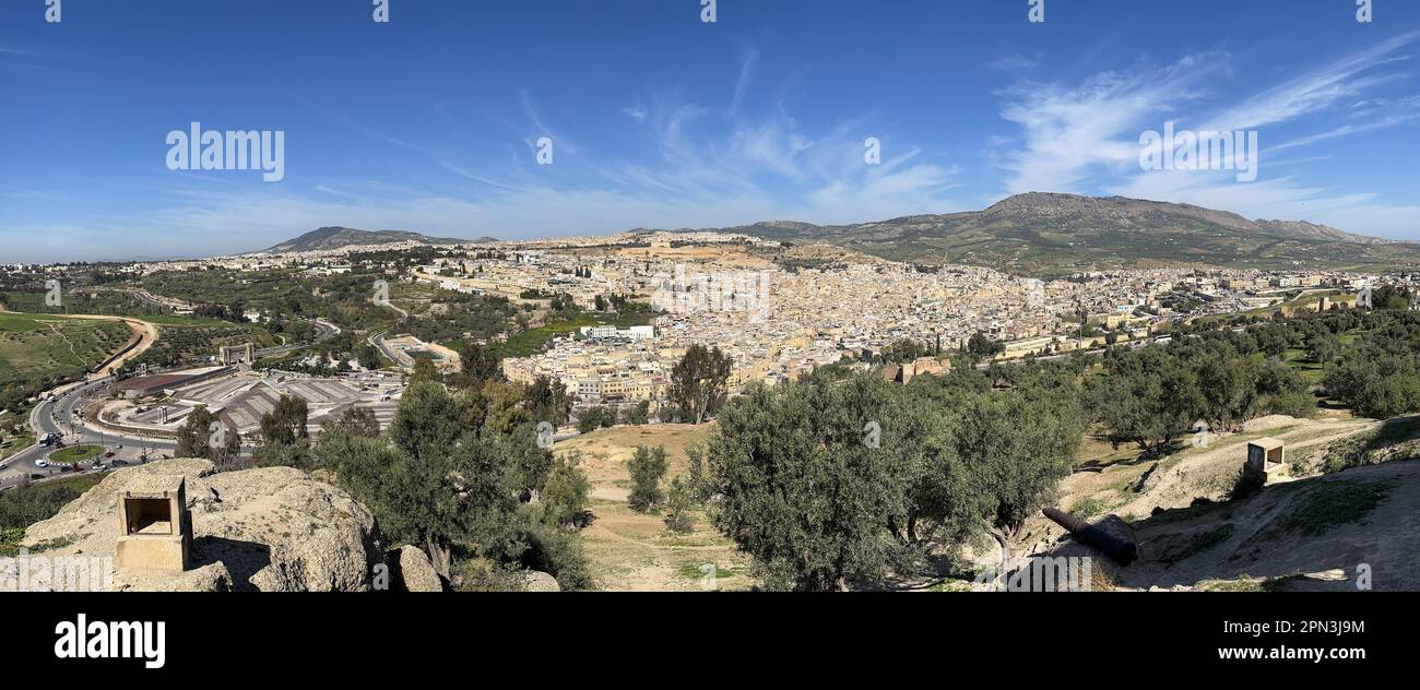 Fes, Morocco: skyline of the city with the old medina and the Ville Nouvelle surrounded by the hills seen from Borj Sud (Burj al-Janub) fortification Stock Photo