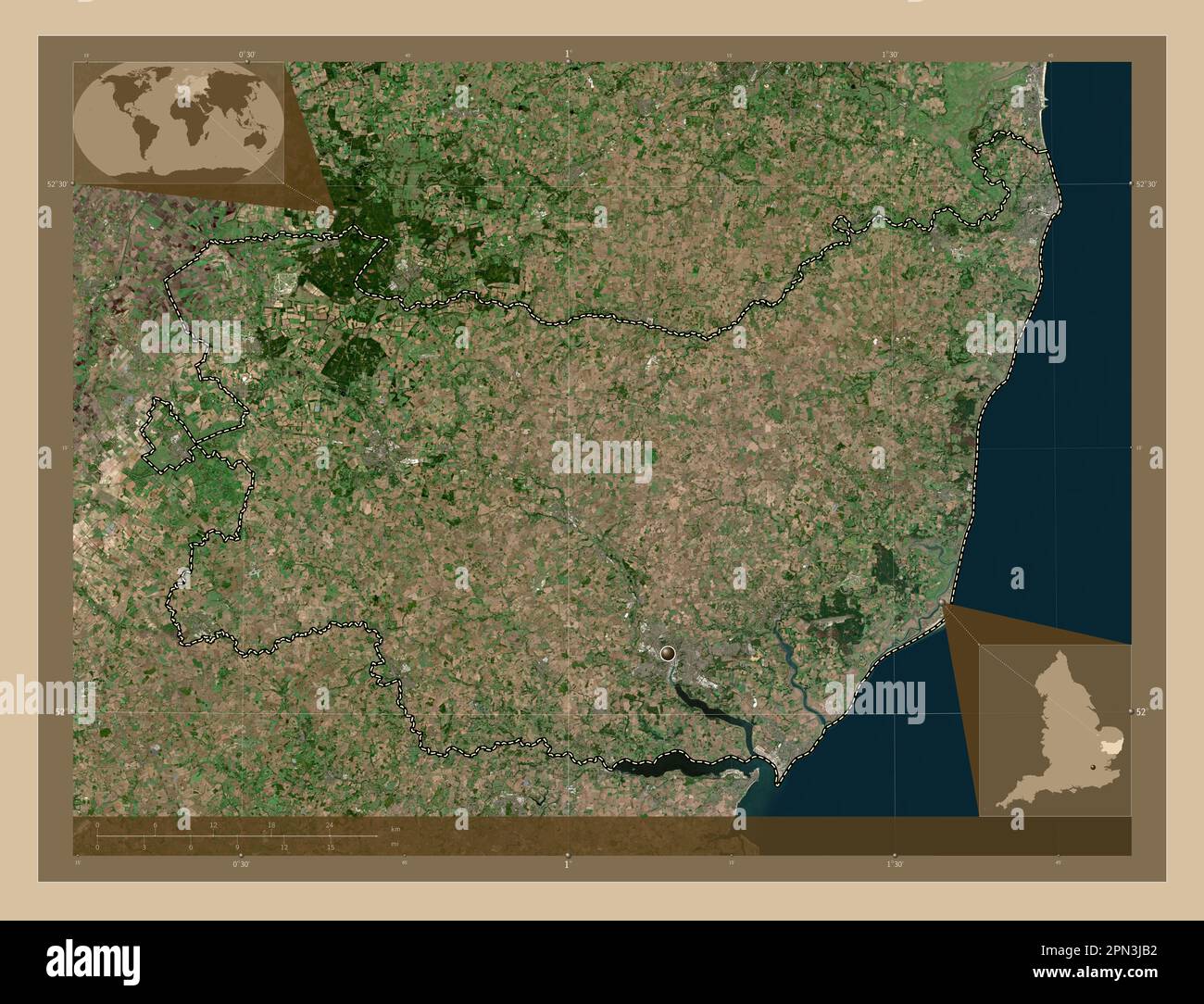 Suffolk, administrative county of England - Great Britain. Low resolution satellite map. Corner auxiliary location maps Stock Photo