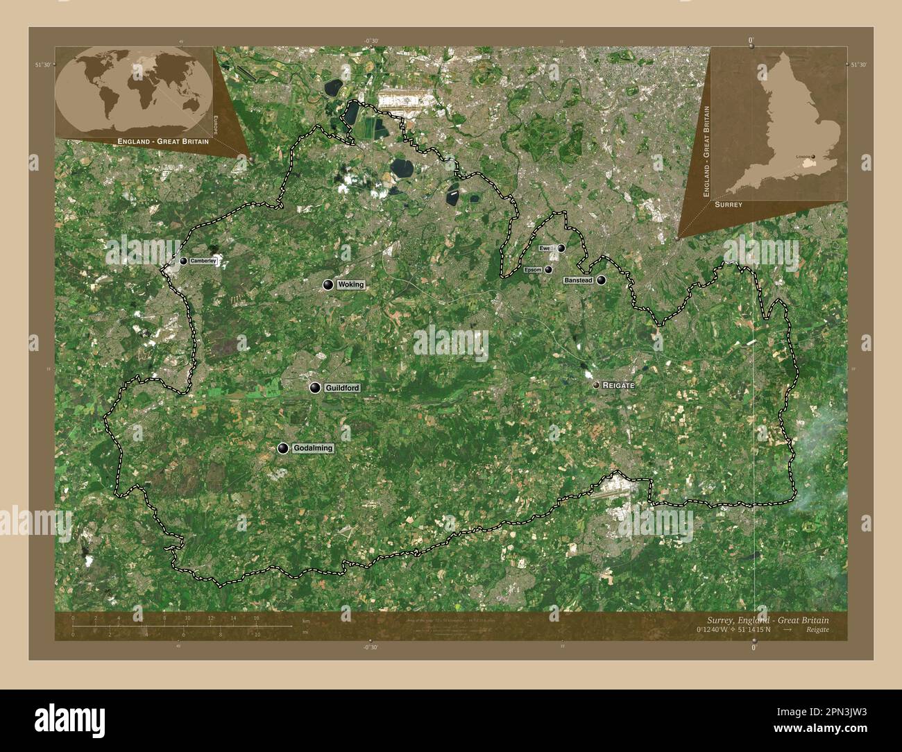 Surrey, administrative county of England - Great Britain. Low resolution satellite map. Locations and names of major cities of the region. Corner auxi Stock Photo