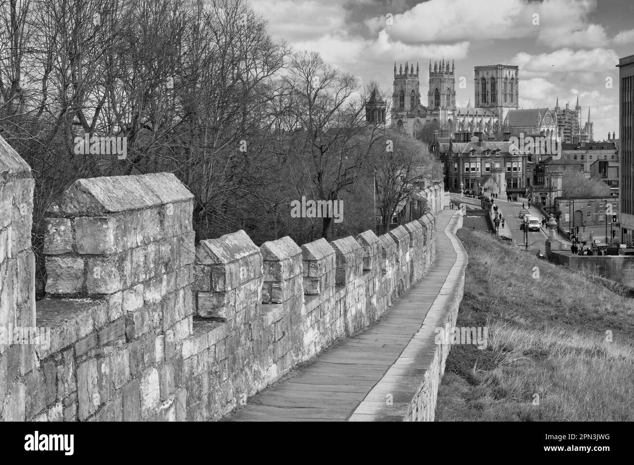 York city landscape looking over the medieval city walls to the church