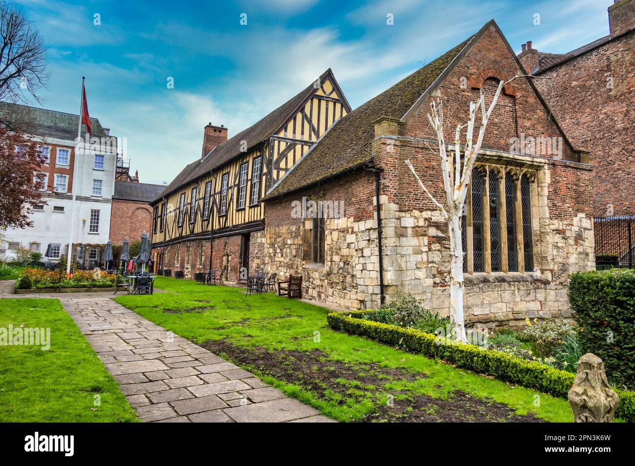 This is 600 year old timber framed York City merchants adventurers trading hall and crafts centre Guild Hall Stock Photo