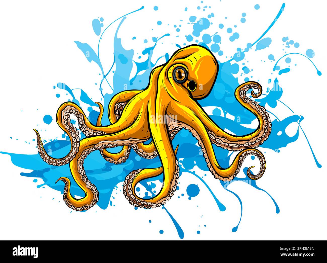 vector illustration of octopus with wave on white background Stock