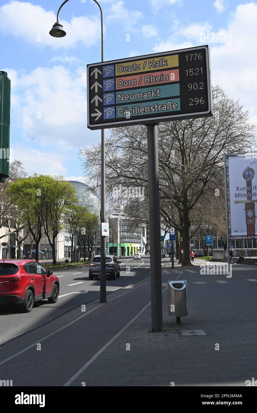 Cologne, Germany. 09th Apr, 2023. The parking guidance system shows  motorists where and how many free parking spaces can be found in the  parking garages in downtown Cologne. Each of the individual