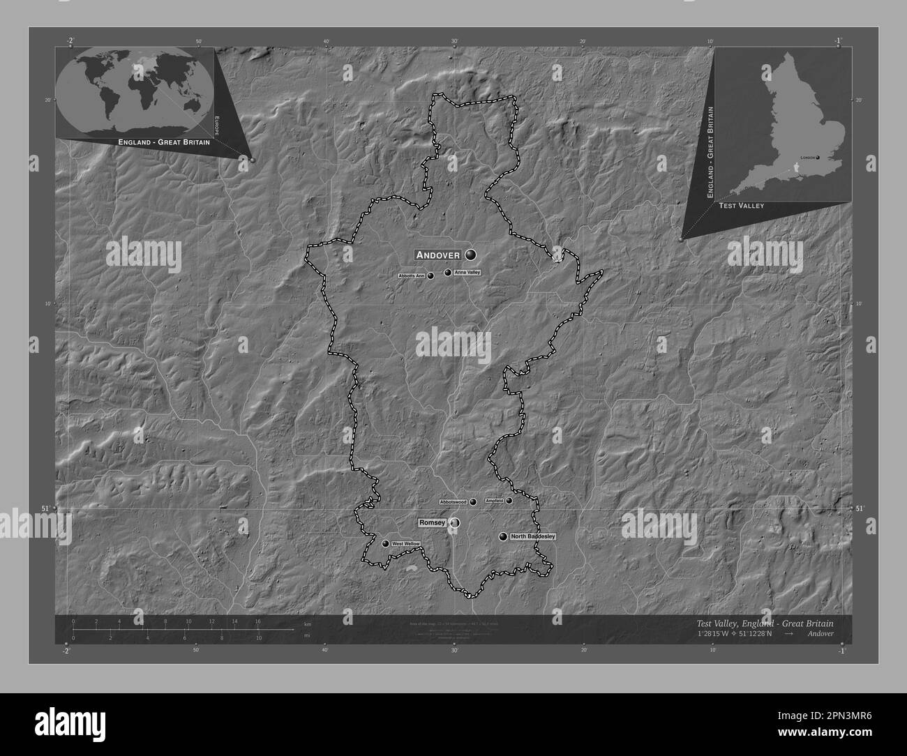 Test Valley, non metropolitan district of England Great Britain. Bilevel elevation map with