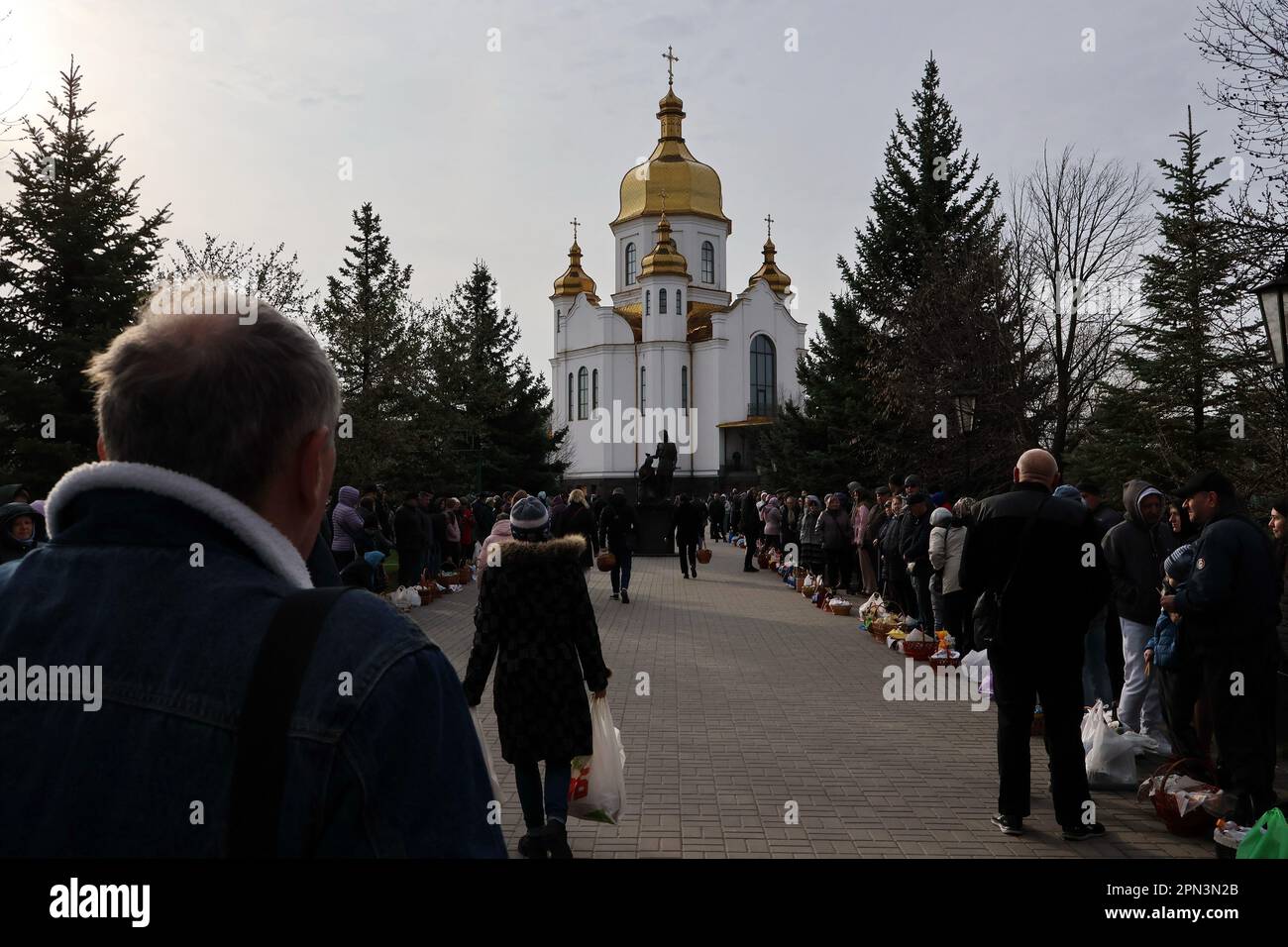 Zaporizhzhia, Ukraine. 16th Apr, 2023. Orthodox Christian worshipers