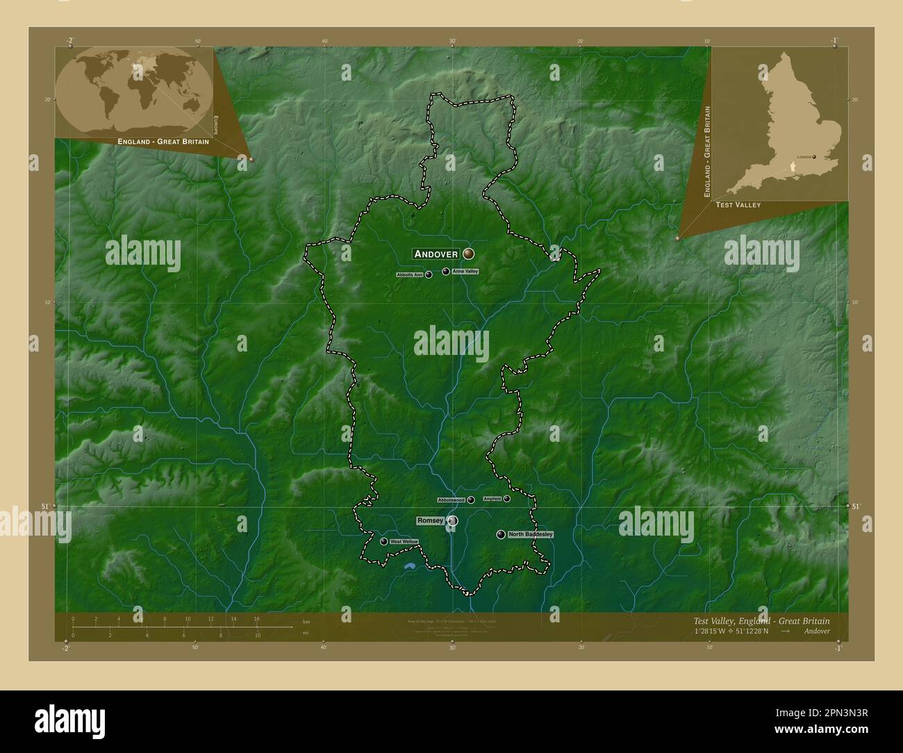 Test Valley, non metropolitan district of England Great Britain. Colored elevation map with