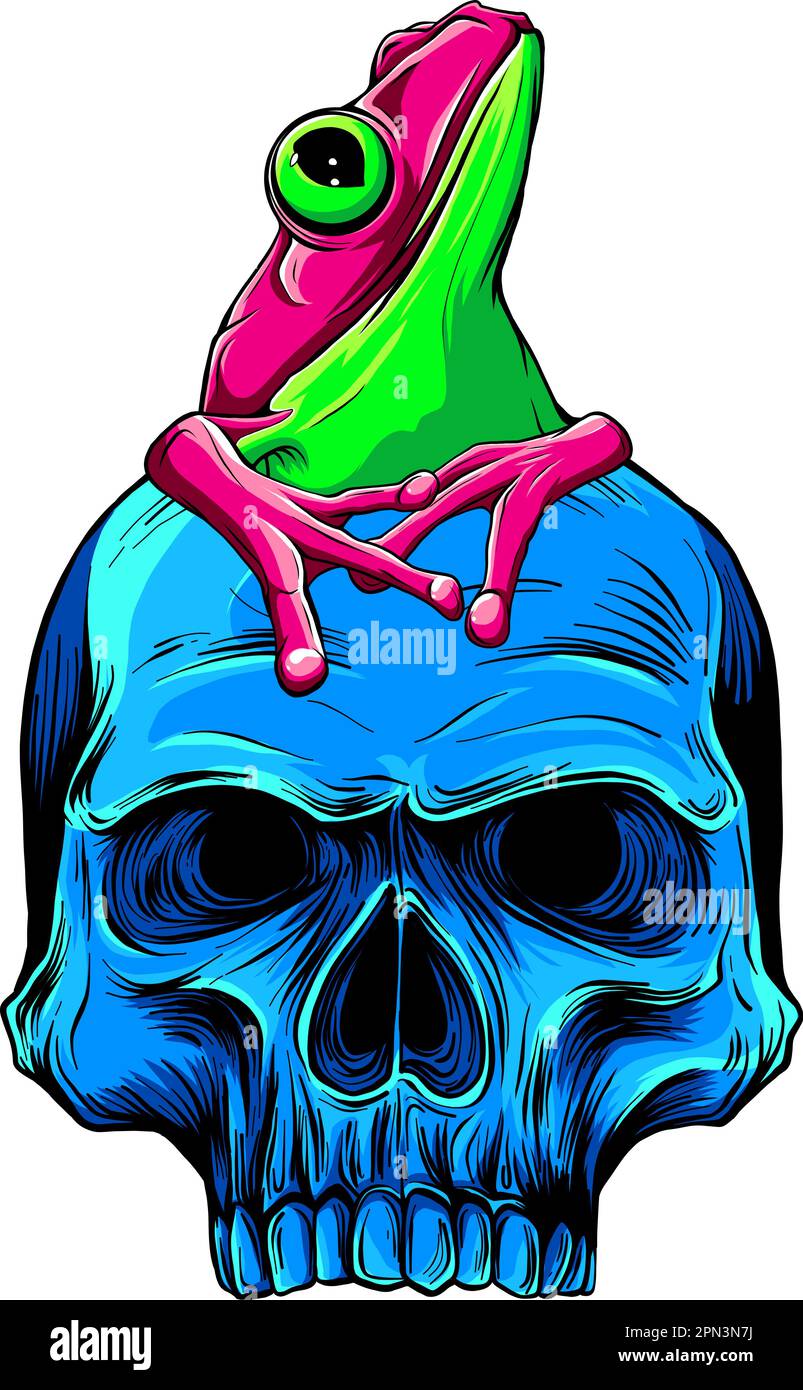 vector illustration skull with frog on white background. digital hand ...