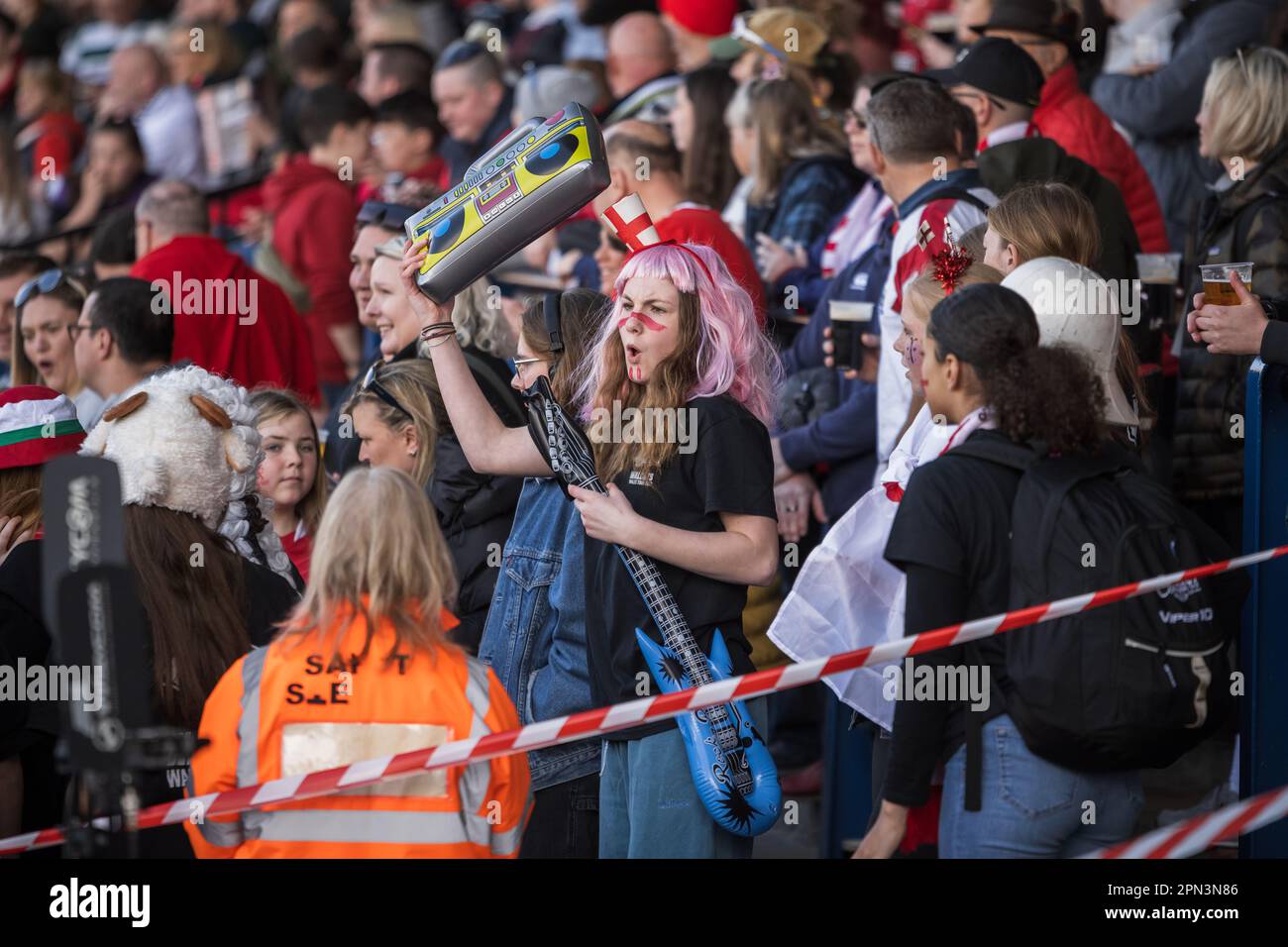 Cardiff, Wales. 15th April 2023. Spectators during the TikTok Women’s Six Nations rugby match, Wales versus England at Cardiff Park Arms Stadium in Cardiff, Wales. Credit: Sam Hardwick/Alamy Live News. Stock Photo