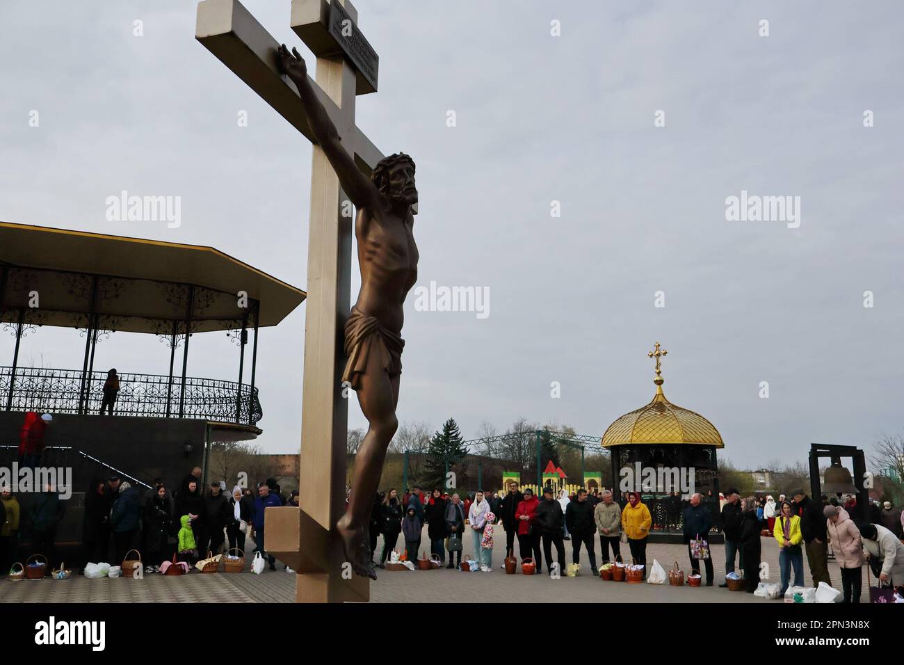 Orthodox Christian worshipers with their traditional Easter baskets are