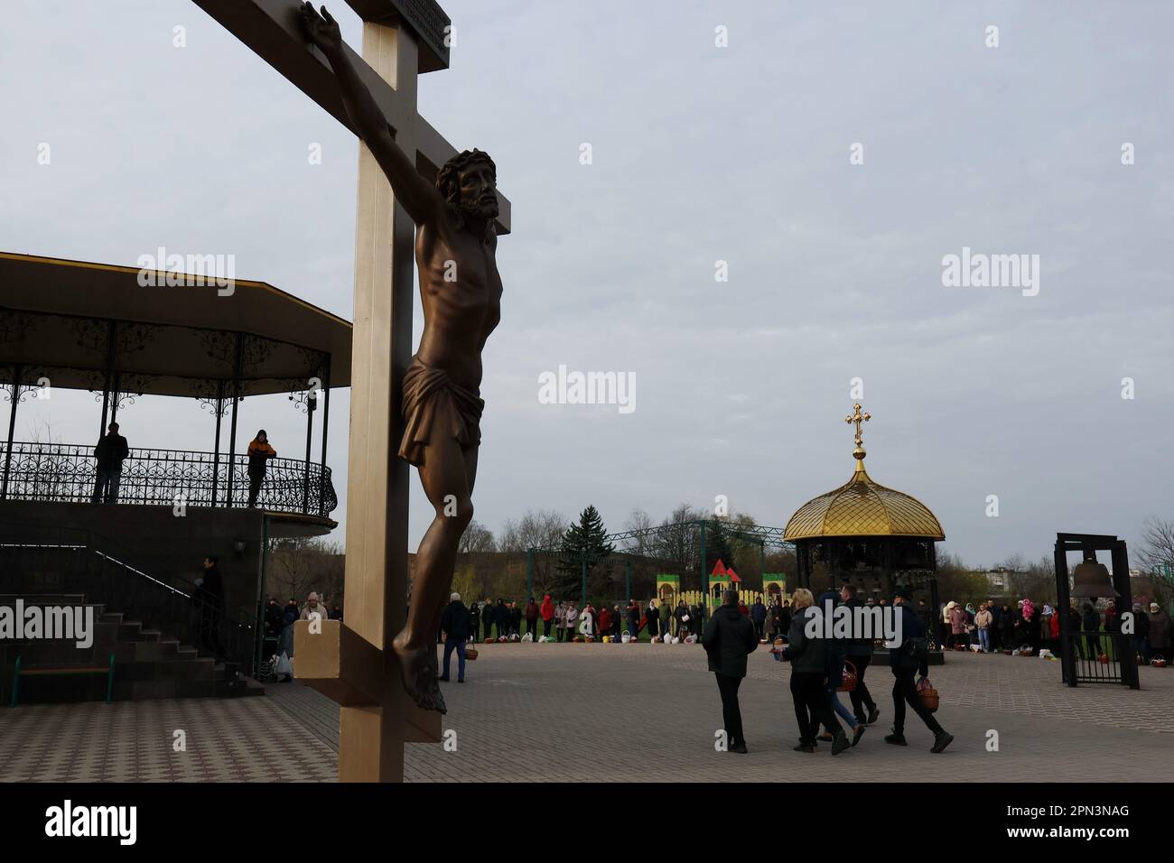 Orthodox Christian worshipers with their traditional Easter baskets are