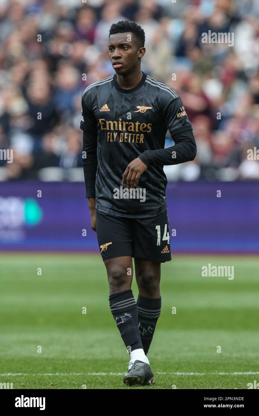 Eddie Nketiah #14 of Arsenal during the Premier League match West Ham United vs Arsenal at London Stadium, London, United Kingdom, 16th April 2023  (Photo by Arron Gent/News Images) Stock Photo