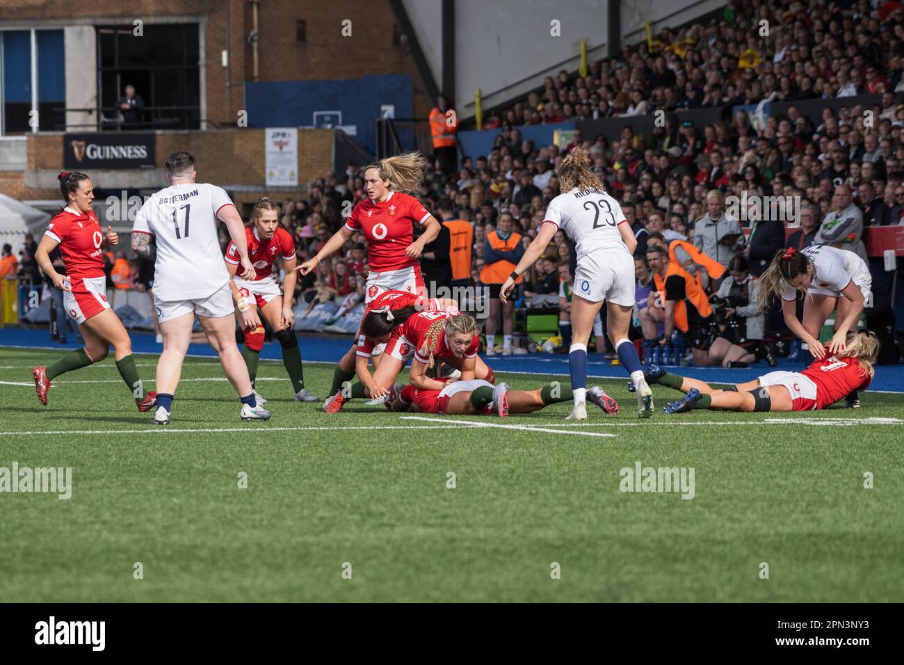 Cardiff, Wales. 15th April 2023. Players during the TikTok Women’s Six Nations rugby match, Wales versus England at Cardiff Park Arms Stadium in Cardiff, Wales. Credit: Sam Hardwick/Alamy Live News. Stock Photo