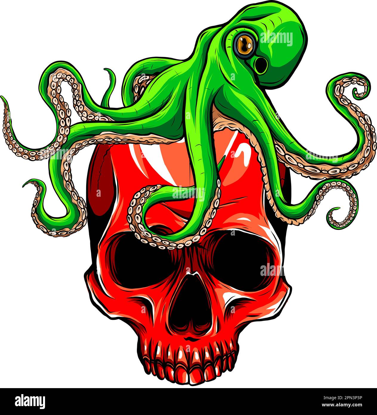 vector illustration of green kraken with red skull on white background. digital draw Stock Vector