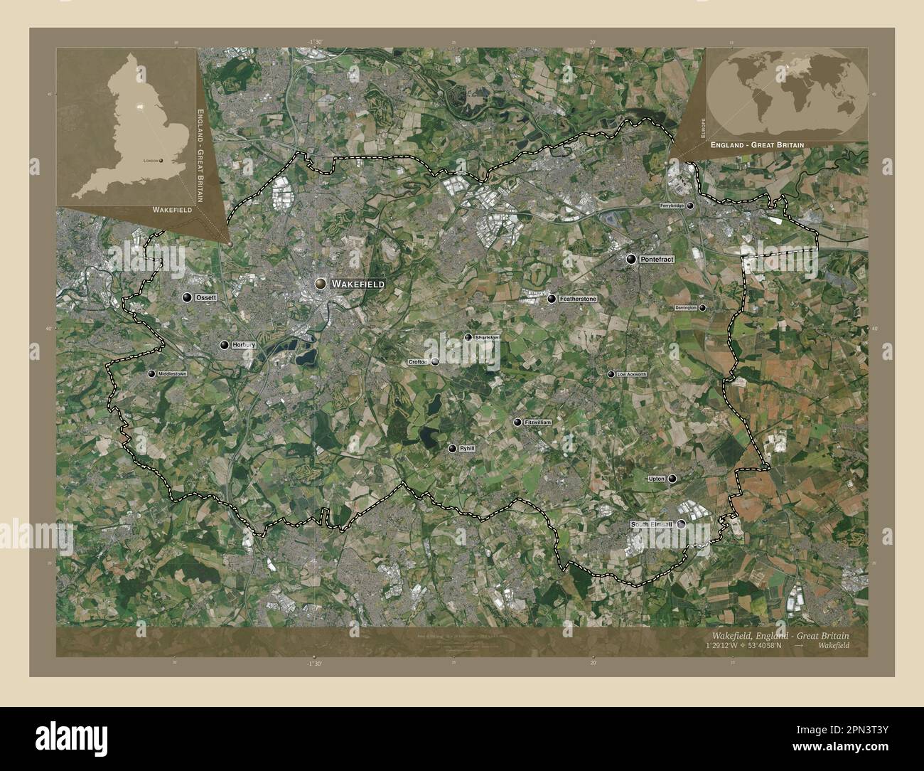 Wakefield, unitary authority of England Great Britain. High resolution satellite map