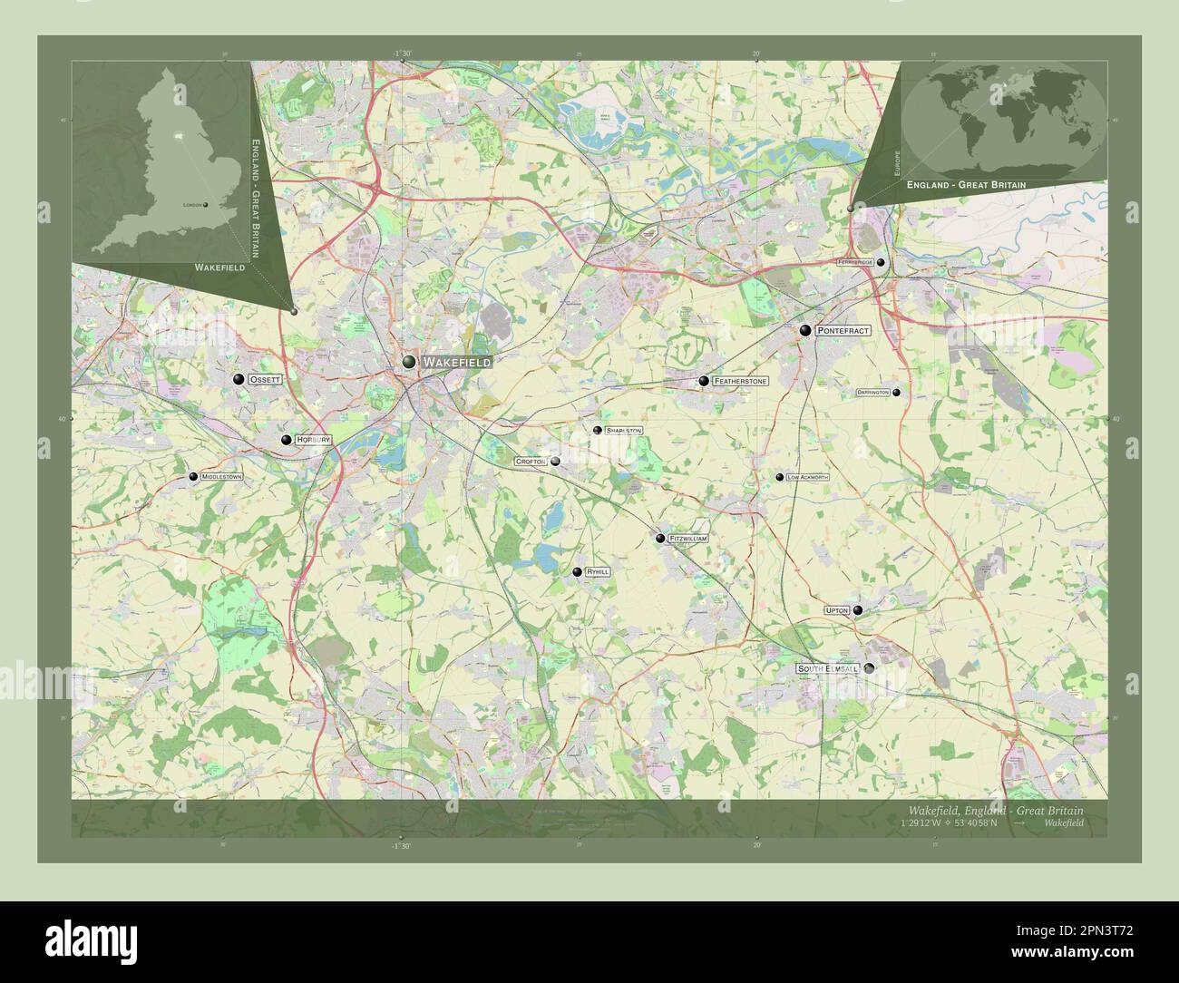 Wakefield, unitary authority of England Great Britain. Open Street Map. Locations and names of