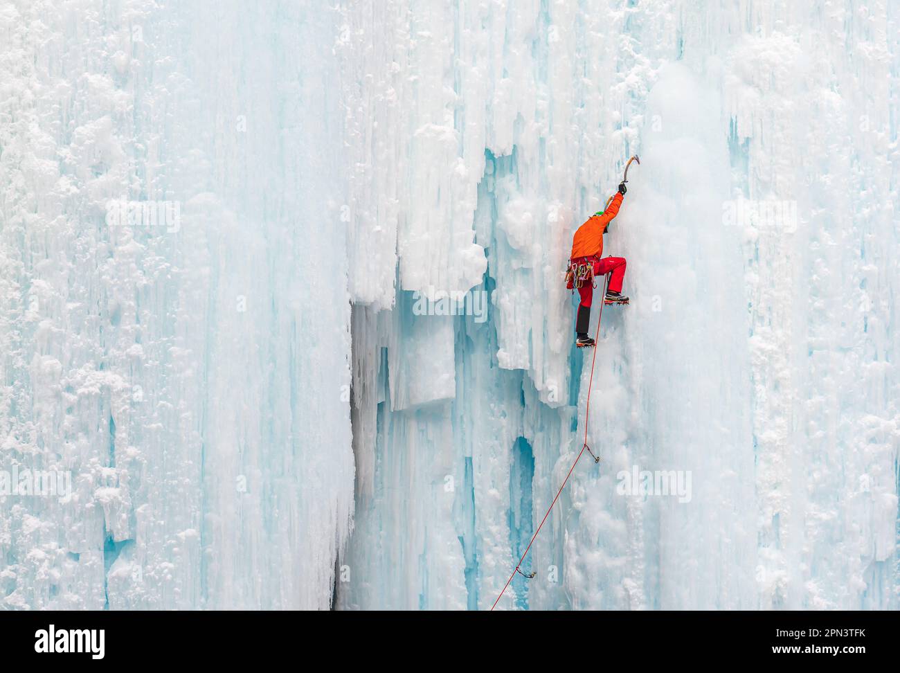 Marc Godbout climbing a route in Johnston Canyon in Canada Stock Photo