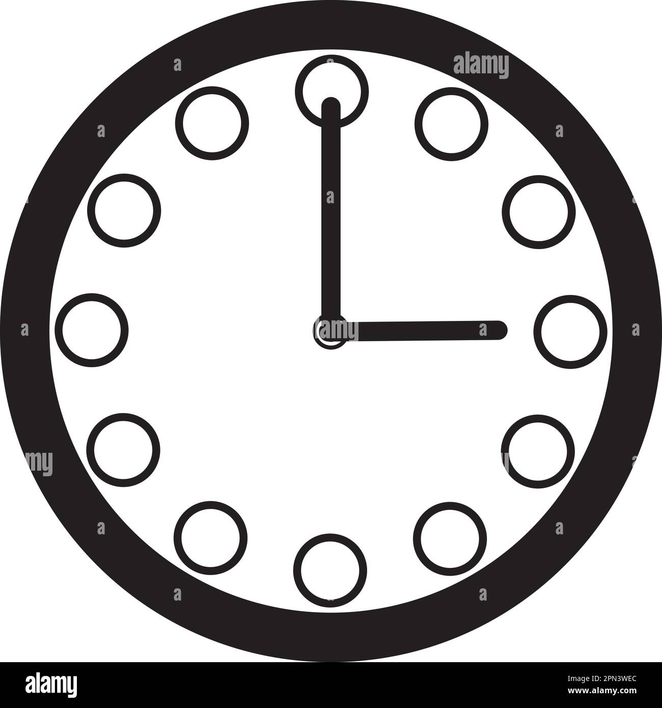 A Black and White Clock Icon of a Circular Face with Twelve Hour Markers, Two Hands for Indicating the Time Stock Vector
