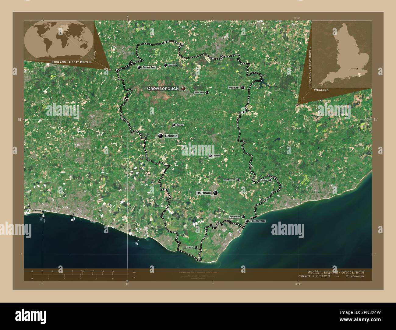 Wealden, non metropolitan district of England - Great Britain. Low resolution satellite map. Locations and names of major cities of the region. Corner Stock Photo