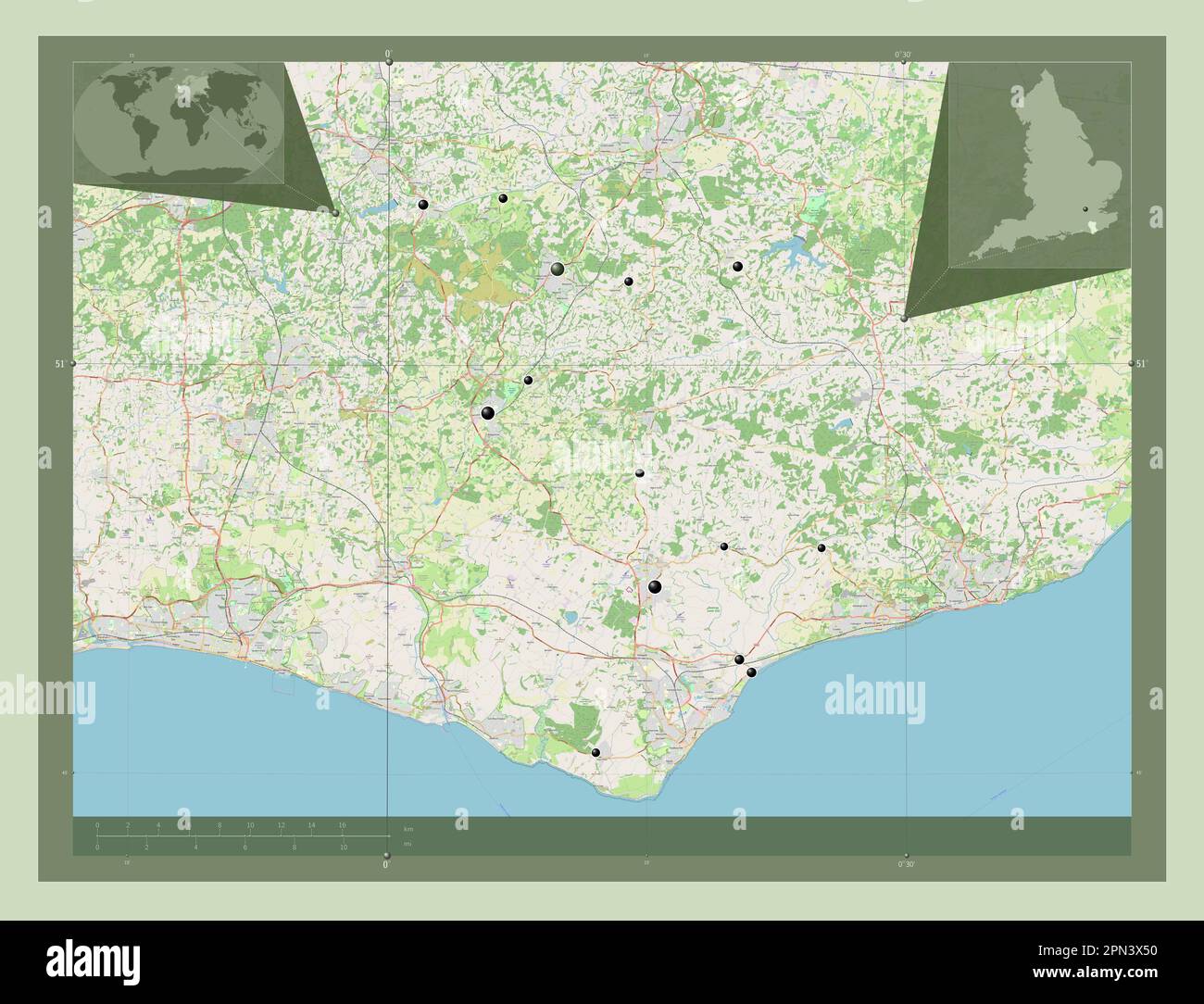 Wealden, non metropolitan district of England - Great Britain. Open Street Map. Locations of major cities of the region. Corner auxiliary location map Stock Photo