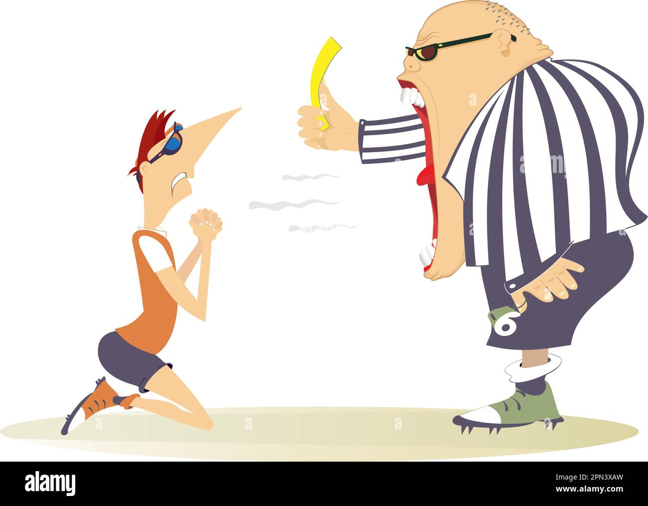 Angry referee holding a yellow card. Kneeling sportsman. Angry referee