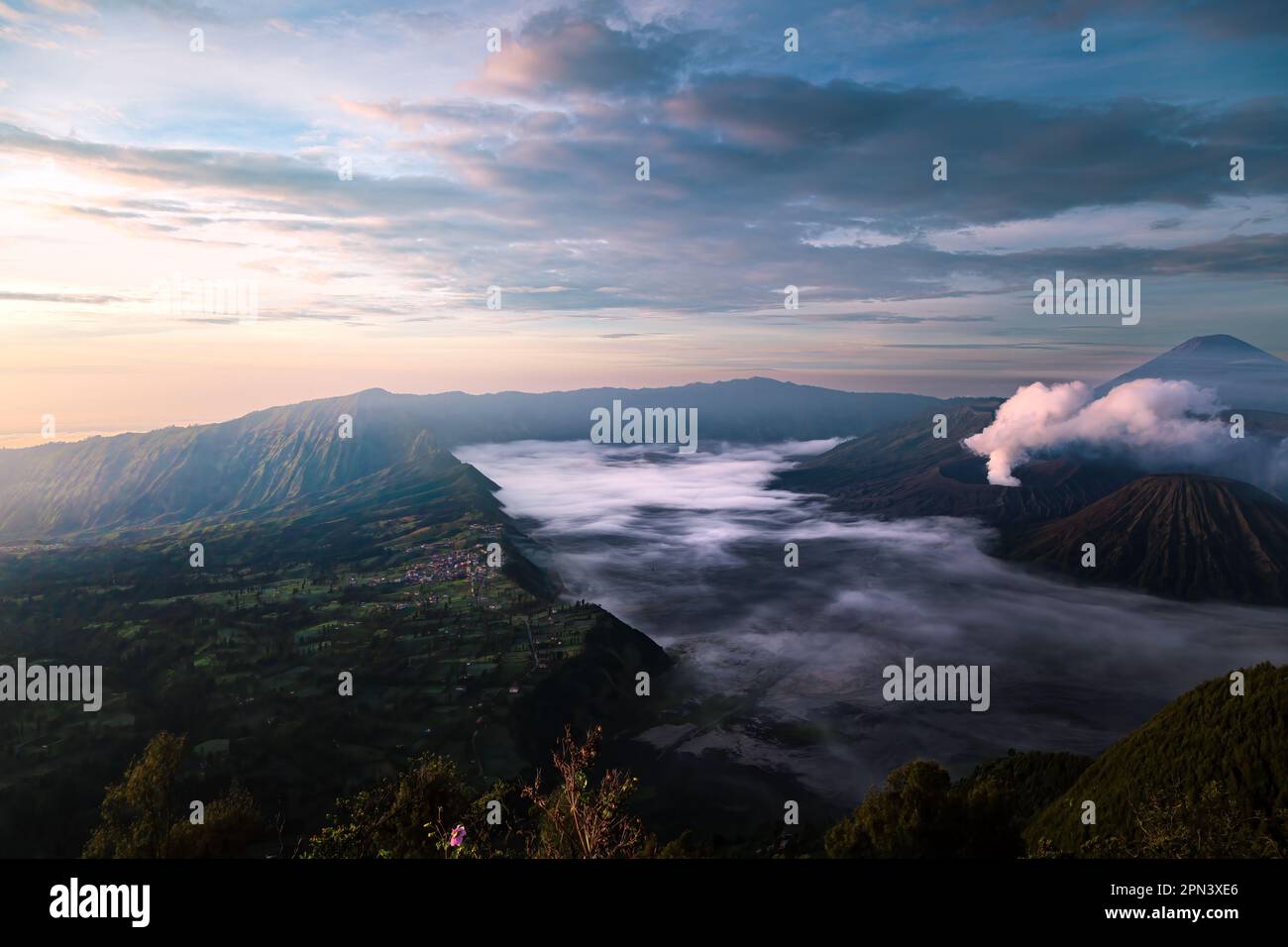 Sunrise over the active volcano Mt. Bromo, East Java, Indonesia, Asia Stock Photo