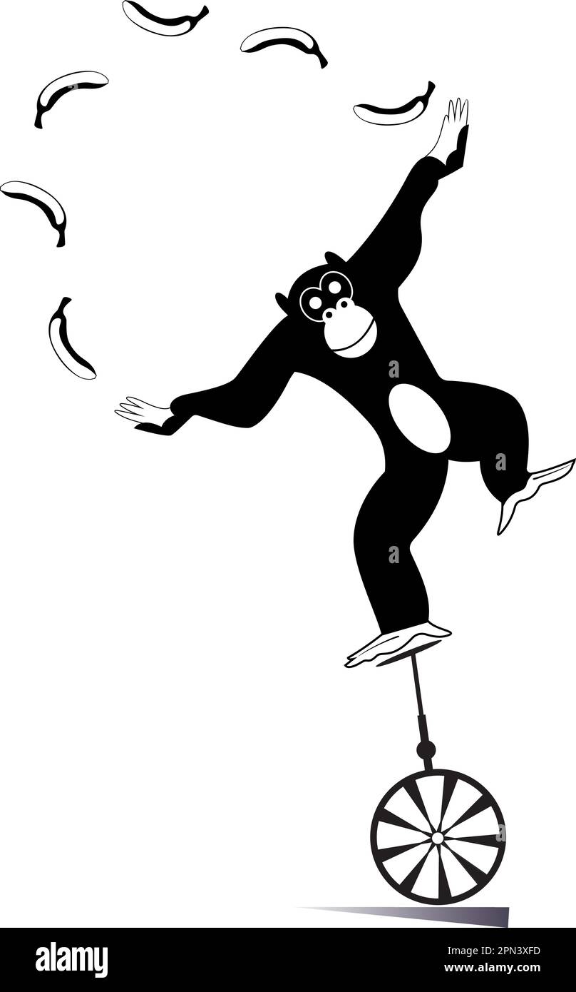 Equilibrist monkey rides on the unicycle and juggling the bananas. Cute